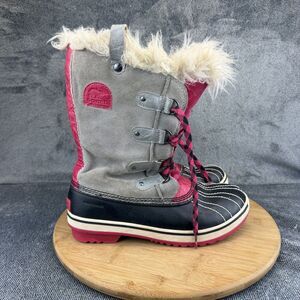 Sorel Joan of Arctic Boots Girl Size 6 Gray Suede Fur Waterproof Snow NY1852-060